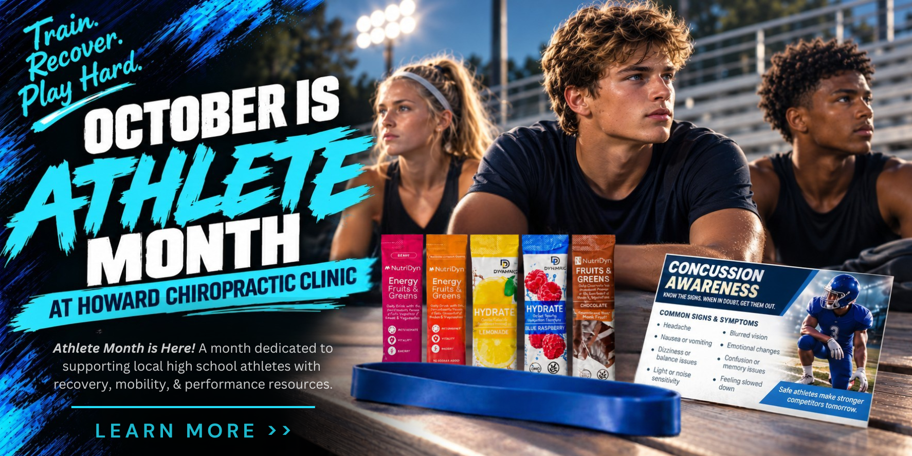 High school athletes and with samples and concussion card showcasing October is Athlete Month at Howard Chiropractic Clinic