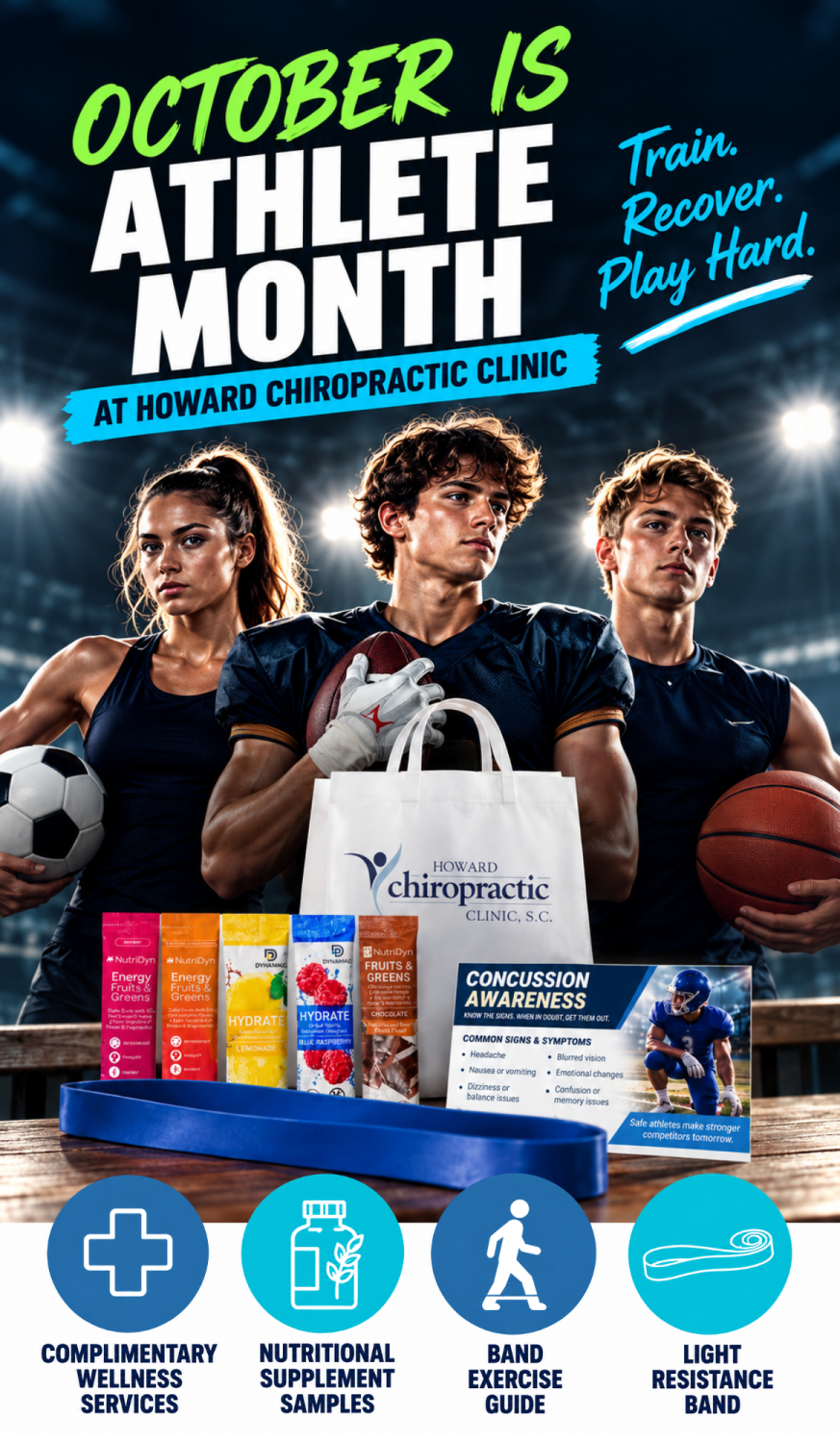 3 teen sports athletes with athlete swag bag information for October is Athlete Month at Howard Chiropractic Clinic Green Bay, WI